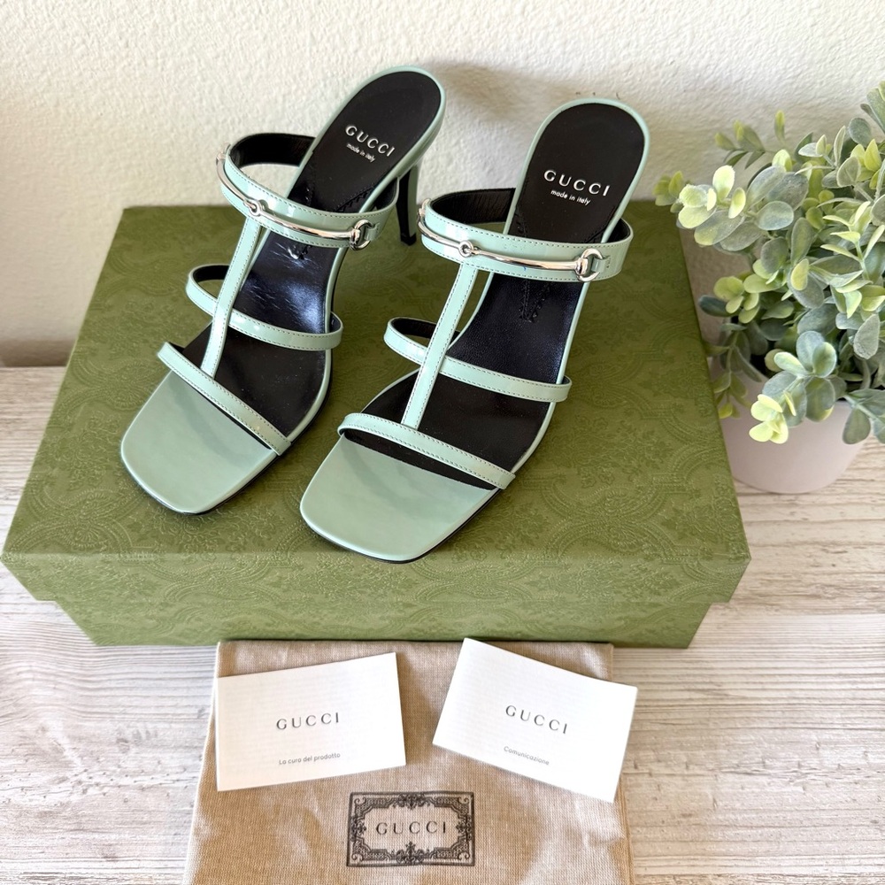 New Gucci Horsebit leather mules heeled sandals, green, size 38.5, US 8.5 - Picture 2 of 9